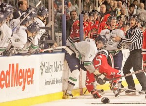 Seattle's Mitch Elliot takes down Portland's Tayler Jordan during a Feb. 2 game at the ShoWare Center in Kent.