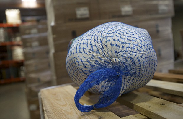 A Foster Farms turkey rests on a crate next to other pallets of turkeys at the Northwest Harvest Food Bank in Kent.