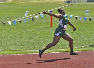 Kentridge's Kiki Gilbert launches the javelin during the state Class 4A track and field games. Gilbert finished eighth with a throw of 123 feet