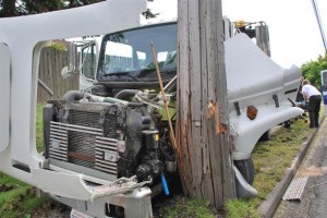 A flatbed truck crashed into a power pole at about 8:45 a.m. Thursday in the 9600 block of South 240th Street in Kent. The driver suffered non-life threatening injuries. The cause of the crash remains under investigation by Kent Police.