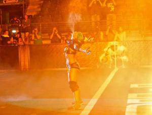Seattle Mist Danika Brace fires up the crowd with a fiery entrance to start the game against the Los Angeles Temptation Aug. 27. Seattle fell to the Los Angeles 35-32 in the home opener at ShoWare.