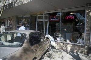 A car struck and damaged a downtown Kent business.