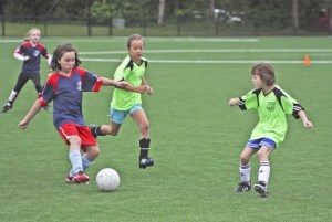 Youth leagues compete on the new pitch at Petrovitsky Park last Saturday. Officials officially celebrated the reopening of two