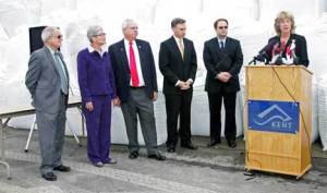 King County Flood Control District Board Chair and King County Councilmember Julia Patterson leads the press conference to announce an agreement between King County Council and the Green River Valley cities for more flood prevention material