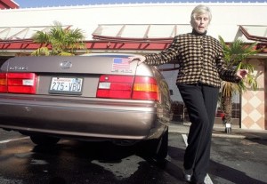 Lynn Pittier reenacts her field sobriety test Nov. 2 outside the Southcenter Red Robin in Tukwila