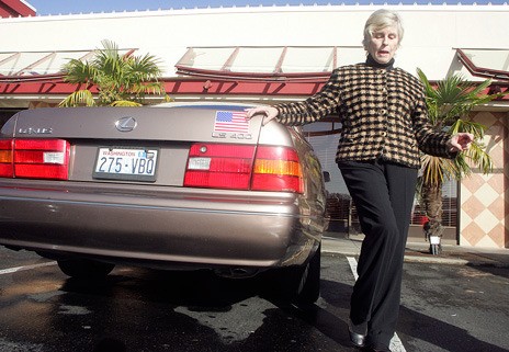 Lynn Pittier reenacts her field sobriety test Nov. 2 outside the Southcenter Red Robin in Tukwila