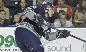 Roberts Lipsbergs fires a shot during the Thunderbirdss' 5-3 win over Everett on Tuesday night. Lipsbergs turned a hat trick in the win.