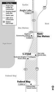 Sound Transit will extend light rail along either Pacific Highway South (Highway 99) or I-5 to Kent and Federal Way.