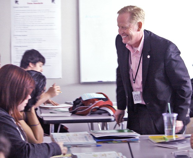 Mobile man:  Kentlake Principal Joe Potts moved out of his office earlier this year to spend more time in the classrooms