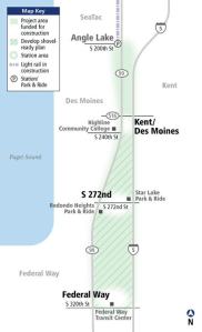 Sound Transit plans to expand light rail from SeaTac to Kent by 2023 and later to the Federal Way Transit Center.