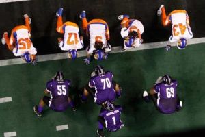 Predators line up on the 1-yard line against the Grizzlies in their home opener March 12 at the Kent ShoWare Center.