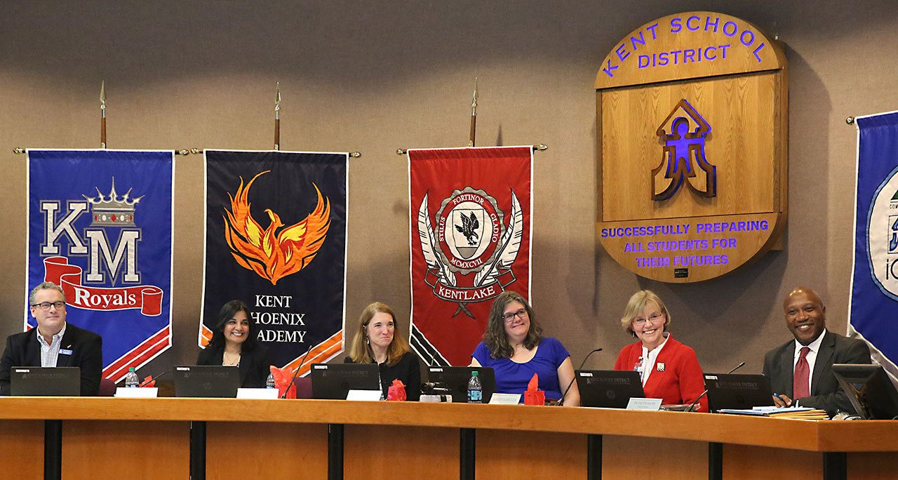 The Kent School Board has been named a Board of Distinction by the Washington State School Director&rsquo;s Association for the sixth year in a row. From left are board members Russell Hanscom, Maya Vengadasalam (vice president), Agda Burchard, Deborah Straus, Karen DeBruler (president) and Kent School District Superintendent Calvin J. Watts. COURTESY PHOTO, KENT SCHOOL DISTRICT