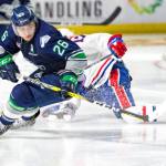 The Thunderbirds&rsquo; Nolan Volcan scrambles for the puck on ShoWare ice Tuesday night. COURTESY PHOTO, Brian Liesse/Thunderbirds