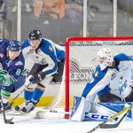 Thunderbirds captain Scott Eansor attempts to fire a shot past Ice goalie Jakob Walter during WHL action Friday night at the ShoWare Center. COURTESY PHOTO, Brian Liesse, Thunderbirds