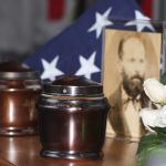 Brass urns containing the cremated remains of James Powers and his wife of 57 years, Irene, at Saturday&rsquo;s memorial service at Tahoma National Cemetery. MARK KLAAS, Kent Reporter