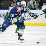 The Thunderbirds&rsquo; Nolan Volcan brings the puck up the ice against the Silvertips on Friday night. COURTESY PHOTO, Chris Mast