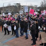 Pro-choice and Planned Parenthood supporters gather for a rally at Kent&rsquo;s Town Square Plaza before making their way up the hill to the Planned Parenthood clinic. HEIDI SANDERS, Kent Reporter
