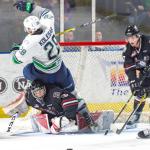 The Thunderbirds&rsquo; Keegan Kolesar tumbles over Rebels goalie Riley Lamb during WHL play Tuesday night. COURTESY PHOTO, Brian Liesse/T-Birds