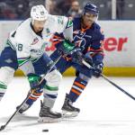 Seattle&rsquo;s Keegan Kolesar maneuvers the puck against Kamloops in Western Hockey League play Tuesday night at the ShoWare Center. COURTESY PHOTO, Brian Liesse/T-Birds