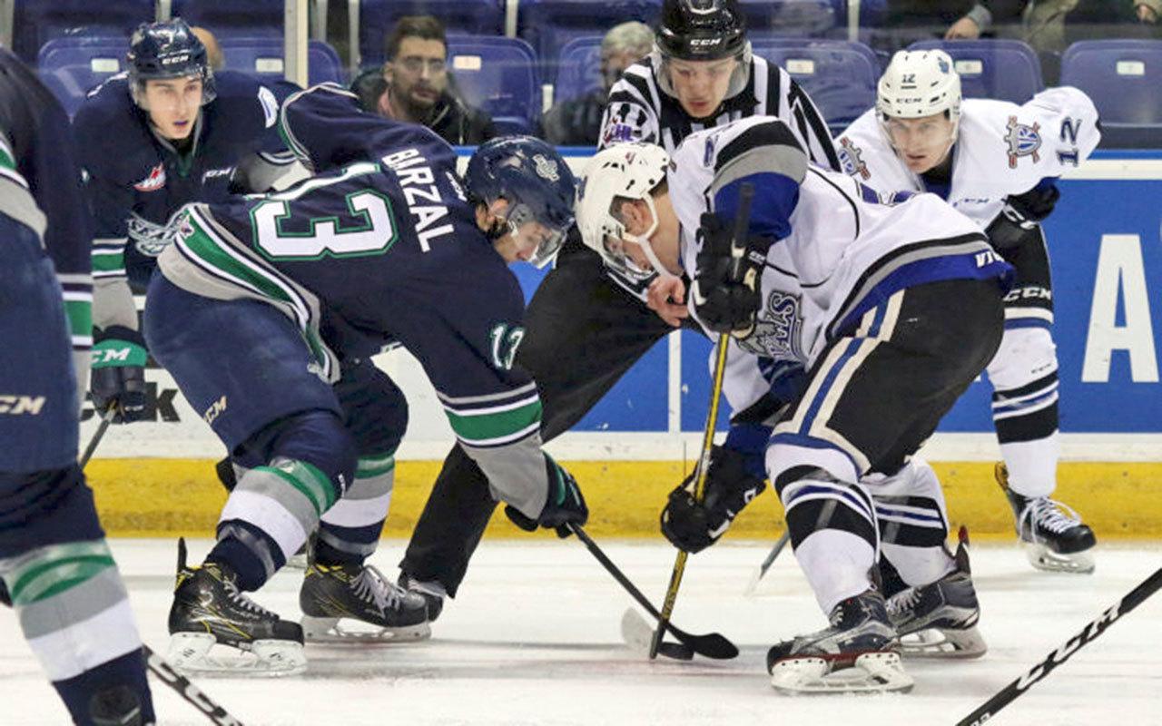 The Thunderbirds&rsquo; Mathew Barzal prepares for a face-off against the Royals on Tuesday night. COURTESY PHOTO, Jon Howe