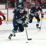The Thunderbirds&rsquo; Austin Strand brings the puck up the ice against the Winterhawks on Saturday night. COURTESY PHOTO, Bryan Heim