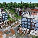 A rendering of the proposed Riverbend Gateway development shows a bicycle/pedestrian path going through the complex between the Green River Trail and West Meeker Street. Courtesy image/City of Kent