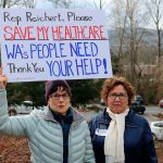 From left, Marion Kee of Redmond and Sharon Kay of Kent befriended one another at the rally after coming together to discuss their concerns for health care and immigration in the United States. Kee, who twice survived cancer, said that the Affordable Care Act has made it possible for her to have health care. Nicole Jennings, Issaquah Reporter