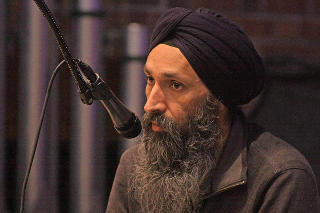 Harjinder Singh Sandhu speaks to the gathering. MARK KLAAS, Reporter