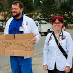 Jeremy King and Erin Gilmer are Seattle University nursing students and work with patients at Swedish Medical Center Issaquah, many of whom they said are in danger of losing health coverage if Trumpcare passes. REPORTER PHOTO, Nicole Jennings