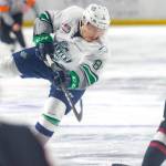The Thunderbirds&rsquo; Scott Eansor fires a shot at the Giants during WHL play Sunday. COURTESY PHOTO, Brian Liesse/T-Birds
