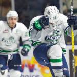 The Thunderbirds&rsquo; Sami Moilanen celebrates one of his two goals against the Americans on Friday night. COURTESY PHOTO, Brian Liesse, T-Birds