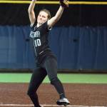 Kentwood&rsquo;s Taylor Lott launches a pitch during Wednesday&rsquo;s game. RACHEL CIAMPI, Auburn Reporter