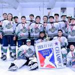 Best on ice: The Sno-King Amateur Hockey Association&rsquo;s 14U Junior Thunderbirds celebrate after taking the Washington state championship in Spokane on March 19. COURTESY PHOTO