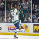The Thunderbirds&rsquo; Keegan Kolesar celebrates after scoring one of his two goals in a 4-1 win over the Silvertips at the ShoWare Center on Friday night. The T-Birds swept the series to advance to the Western Conference finals for the second straight WHL season. COURTESY PHOTO, Brian Liesse/T-Birds