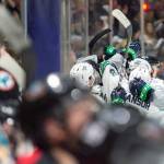 Teammates swarm Ethan Bear after the Thunderbirds defenseman scored a power-play goal with 12 seconds left to give Seattle a 5-4 win over the Kelowna Rockets in Game 1 of the WHL Western Conference championship series Friday night at the ShoWare Center. COURTESY PHOTO, Brian Liesse/T-Birds