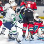 The Thunderbirds&rsquo; Ethan Bear scores a power-play goal in the second period against the Rockets on Saturday night. COURTESY PHOTO, Brian Liesse/T-Birds