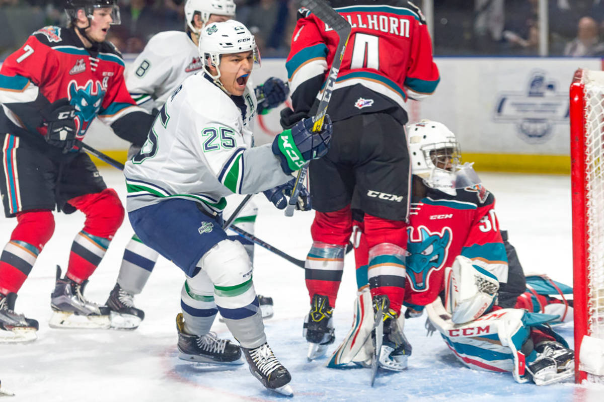 The Thunderbirds&rsquo; Ethan Bear scores a power-play goal in the second period against the Rockets on Saturday night. COURTESY PHOTO, Brian Liesse/T-Birds