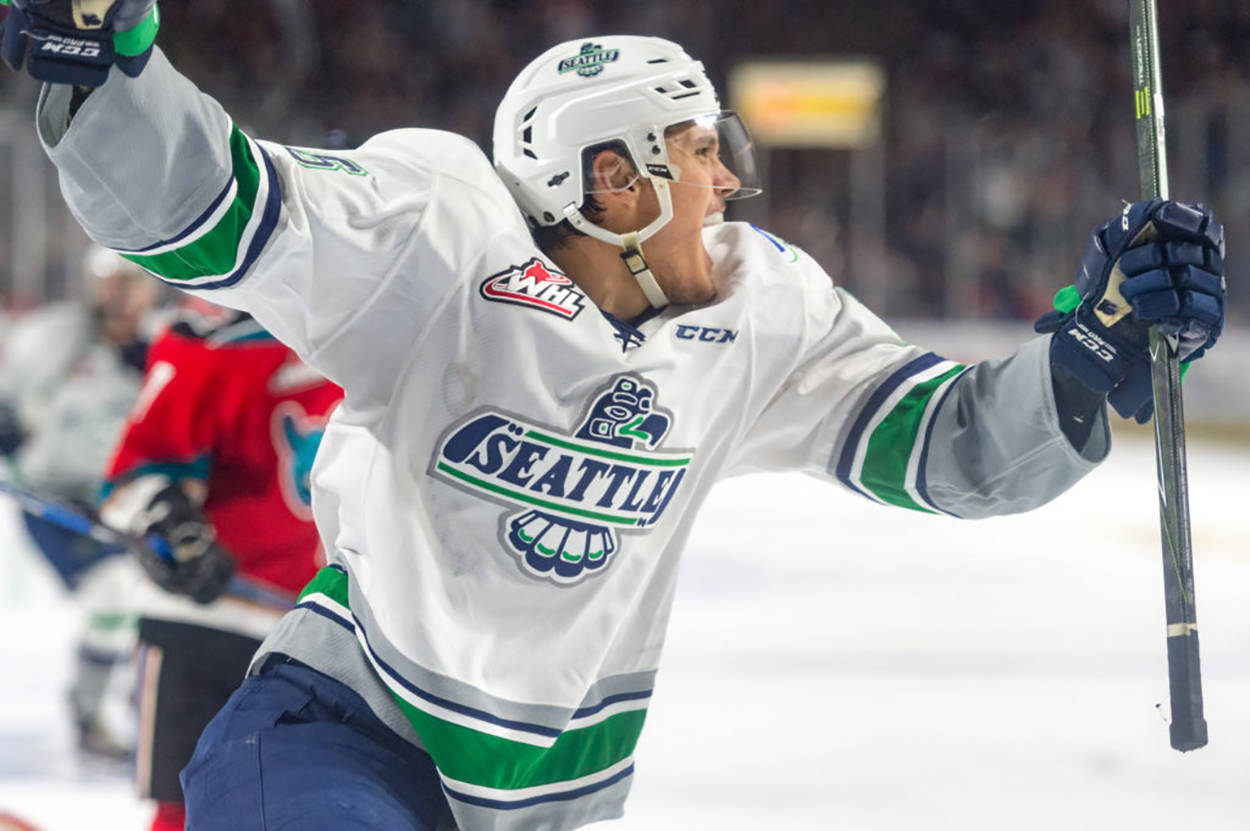 Alexander True celebrates after scoring one of his two goals in the Thunderbirds&rsquo; 5-3 Game 5 win over the Rockets on Friday night. COURTESY PHOTO, Brian Liesse/T-Birds