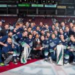 The Seattle Thunderbirds celebrate the Western Conference Championship on the ice after beating the Kelowna Rockets 3-1 in Game 6 at Prospera Place in Kelowna, British Columbia on Sunday. COURTESY PHOTO, Marissa Baecker/Shoot the Breeze.
