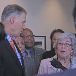 Flanked by Gov. Jay Inslee, Kent Mayor Suzette Cooke talks about the importance of including immigrants in the community during a news conference at Kent&rsquo;s Centennial Center on Thursday. Inslee visited Kent for a roundtable discussion on hate crimes. MARK KLAAS, Kent Reporter