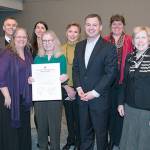 Front Row: (left to right) Councilmember Joe McDermott, Judy Johnson with the Cowlitz Indian Tribal Health Services Pathways in Healing Program, Lucy Berliner, director of the Harborview Center for Sexual Assault and Traumatic Stress, Councilmembers Rod Dembowski, Jeanne Kohl-Welles and Kathy Lambert.                                Back Row: (left to right) Councilmember Pete von Reichbauer, Amanda Norberg with the with the Cowlitz Indian Tribe, Mary Ellen Stone, director of the King County Sexual Assault Resource Center andCouncilmember Claudia Balducci