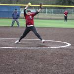 Kentlake junior Allyson Overall winds up during Wednesday&rsquo;s 12-2 loss.