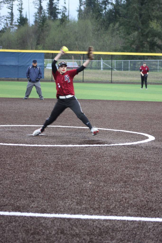 Kentlake junior Allyson Overall winds up during Wednesday&rsquo;s 12-2 loss.