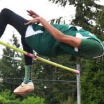 Kentridge&rsquo;s Tyler Cronk climbs a personal-best 7 feet, 2 inches to capture the 4A West Central District high jump title Thursday at French Field. It is the second-best mark in the country, according to Athletic.net. RACHEL CIAMPI, Kent Reporter