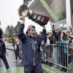 Thunderbirds co-captain Mathew Barzal hoists the Ed Chynoweth Cup in front of hundreds of T-Birds fans who welcomed the coaches and players home to the ShoWare Center on Monday – a day after the team clinched the Western Hockey League title with an overtime Game 6 victory against the Regina Pats in Saskatchewan. HEIDI SANDERS, Kent Reporter