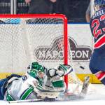 The Thunderbirds&rsquo; Carl Stankowski makes a sensational save on a shot by the Pats&rsquo; Sam Steel during Game 3 WHL championship series action Tuesday night at the ShoWare Center. COURTESY PHOTO, Brian Liesse/T-Birds