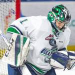 Carl Stankowski makes a save for the Thunderbirds during the 2017 WHL playoffs. COURTESY PHOTO, Brian Liesse/T-Birds