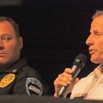 Deputy Chief Kevin Olson of the Valley Regional Fire Authority, right, talks to the audience as Auburn Police Cmdr. Steve Stocker looks on during the town hall forum last week. MARK KLAAS, Auburn Reporter