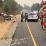 Two vehicles collided along northbound I-5 on Wednesday morning and ended up in the center median. Courtesy Photo/State Patrol
