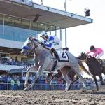 Riser holds off Aqua Frio in the $75,000 Emerald Downs Derby earlier this season. COURTESY TRACK PHOTO